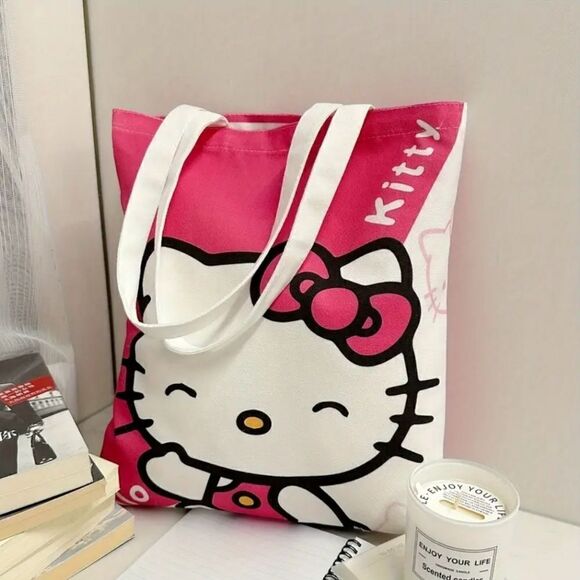Canvas Tote Bag Hello Kitty Pink and White Shoulder Bag - Picture 1 of 7